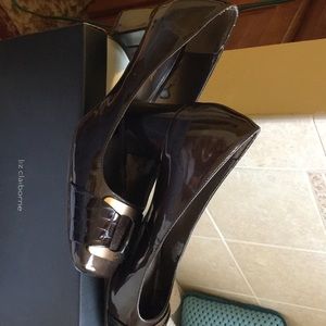 Dark brown block heel patent leather pump